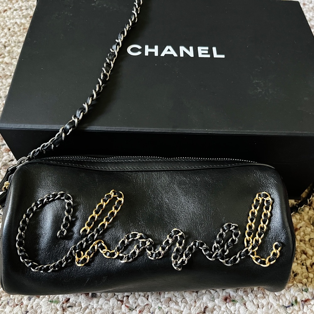Chanel Black Calfskin Leather Chain Signature Bowling Bag